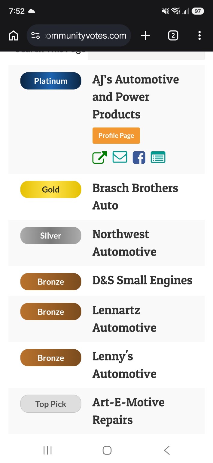 CommunityVotes Renfrew County 2026 results listing D&S Small Engines as an Automotive Bronze winner